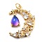 Brass Micro Pave Cubic Zirconia Pendants, with Glitter Powder Glass & Jump Ring, Long-Lasting Plated, Real 18K Gold Plated, Moon & Teardrop, Lead Free & Cadmium Free, Mauve, 27.5x20x5mm, Jump Ring: 5x0.7mm, Inner Diameter: 3.6mm, Teardrop: 12x7x5mm