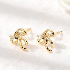 Серьги-гвоздики из латуни с микро-паве и бантом из прозрачного кубического циркония&nbsp;EJEW-P331-03G