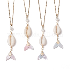 Ожерелья с подвеской в виде хвоста русалки из натуральной ракушки каури NJEW-JN05233