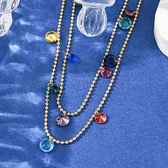 304 нержавеющая сталь шариковая цепочка разноцветные кубические цирконии плоские круглые кисточки двухслойные ожерелья для женщин&nbsp;LS-NJEW-A051-05G