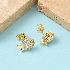 Серьги-гвоздики из латуни с микропаве из прозрачных кубических цирконий в форме рыб&nbsp;EJEW-Z144-17G