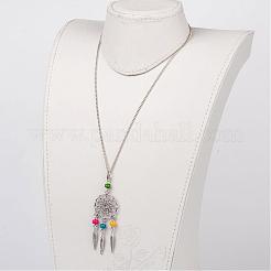 Тканая сетка / паутина с ожерельями из кулона из сплава перьев тибетского стиля NJEW-JN01559-05