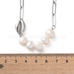Ожерелья из ракушек из нержавеющей стали 304 и натуральных жемчужных бусин в виде скрепок для женщин&nbsp;NJEW-A045-17P