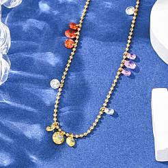 304 нержавеющая сталь шариковая цепочка цветные кубические цирконии плоские круглые кисточки ожерелья для женщин&nbsp;LS-NJEW-A051-03G-01