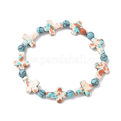 Браслеты из синтетических бирюзовых бусин с крестом и круглыми бусинами BJEW-JB12341-01