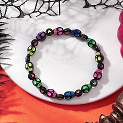 Женские акриловые браслеты с рисунком черепа и сердца на Хэллоуин из бисера&nbsp;BJEW-JB12580