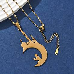 201 полая луна из нержавеющей стали с замком и молитвенным кулоном для Рамадана и Ид Мубарак NJEW-D318-05G