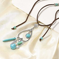 Длинные ожерелья в стиле бохо с подвеской в виде сердца из сплава перьев и синтетической бирюзы для женщин&nbsp;NJEW-G158-01A