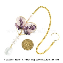 Подвеска в форме сердца из натурального розового кварца и аметиста с проволочной обмоткой и деревом HJEW-FS00019