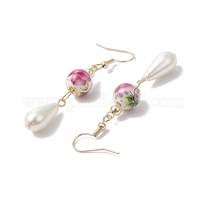 Круглые с цветочным узором фарфоровые керамические серьги-подвески EJEW-JE06347-04-1