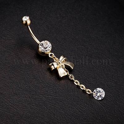 Ювелирные изделия для пирсинга настоящее 18k позолоченные латунные стразы бантом пупка AJEW-EE0001-67-1