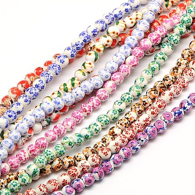 Ручной цветок печатных фарфоровые керамические бусины нити PORC-M005-6mm-M-1