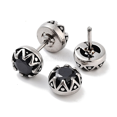 Плоские круглые беруши из хирургической нержавеющей стали 316 с черным кубическим цирконием для женщин и мужчин EJEW-Z050-35AS-1