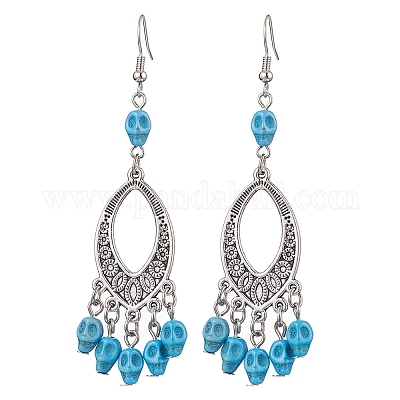 Серьги с подвесками из синтетической бирюзы и сплава EJEW-JE05890-05-1