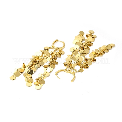 Латунные плоские круглые серьги-кольца с кисточками EJEW-E270-18G-1