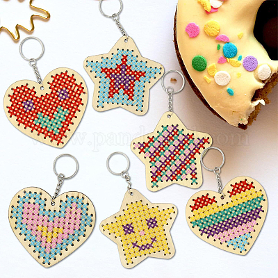 1 набор для начинающих с вышивкой деревянного брелока в виде сердца и звезды DIY-SC0030-07-1