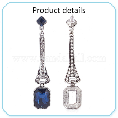 4 пара прямоугольных сережек-гвоздиков с подвесками из 4-х цветных страз EJEW-AN0004-18-1