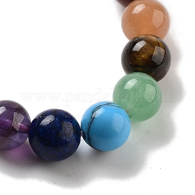 Эластичные браслеты из натурального розового кварца с круглыми бусинами и чакрами BJEW-K251-01G-1