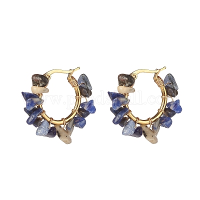 Плетеные серьги-кольца с кусочками натуральных драгоценных камней EJEW-JE04940-1