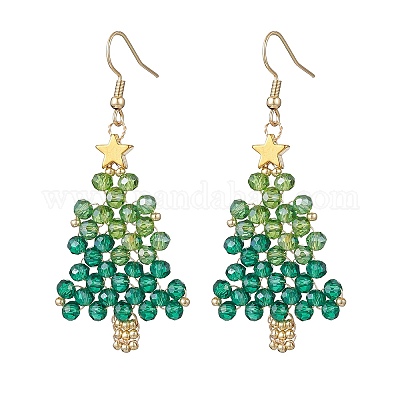 Новогодняя елка ручной работы стеклянные бусины серьги-подвески EJEW-MZ00489-1