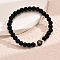 Alloy Resin Round Beaded Stretch Bracelets, Flat Round with Letter, Black, Golden, Letter I, 7-1/8 inch(18cm)