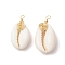 Natural Cowrie Shell Pendants, Copper Wire Wrapped Shell Shaped Charms, Real 18K Gold Plated, White, 25.5~29.5x14.5~16x8~8.5mm, Hole: 2mm