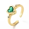 Cubic Zirconia Heart Open Cuff Ring, Real 18K Gold Plated Brass Solitaire Ring for Women, Lead Free & Cadmium Free, Green, US Size 5 1/2(16.1mm)