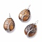 Natural Tiger Eye Pendants, Brass Wire Wrapped Pendants, teardrop, Platinum, 40~45x23~25x7~10mm, Hole: 6x6mm
