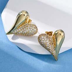 Серьги-гвоздики из латуни с микро-паве и прозрачным фианитом в форме сердца&nbsp;EJEW-R025-10G