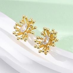Серьги-гвоздики из латуни с прозрачным кубическим цирконием в виде цветка EJEW-R025-22G