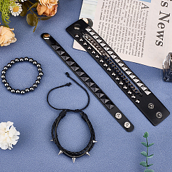 4 шт. 4 стиля панк-стиль гематитовые круглые тянущиеся браслеты и заклепочные браслеты с плетеными бисером из сплава браслеты и браслеты из искусственной кожи для мужчин и женщин BJEW-WH20002-09A