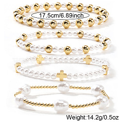 4 шт. 4 стиля элегантных эластичных браслетов для женщин с имитацией жемчуга и латунными бусинами&nbsp;YV1811-1