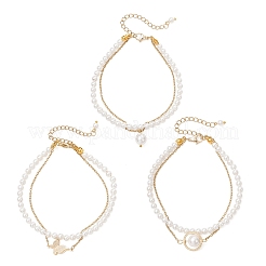 3шт. многорядные браслеты из круглых бусин из ракушек и жемчуга для женщин BJEW-JB12035