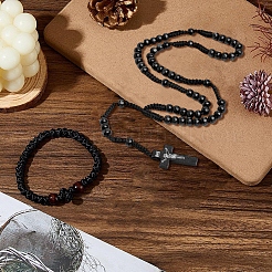 Крест полиэстер плетеные деревянные бусины молитва кулон ожерелья и эластичные браслеты наборы&nbsp;SJEW-DC0001-01