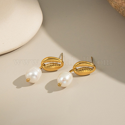 Серьги-гвоздики в форме ракушки из нержавеющей стали с пресноводным жемчугом UE9555-1