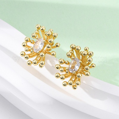 Серьги-гвоздики из латуни с прозрачным кубическим цирконием в виде цветка EJEW-R025-22G-1