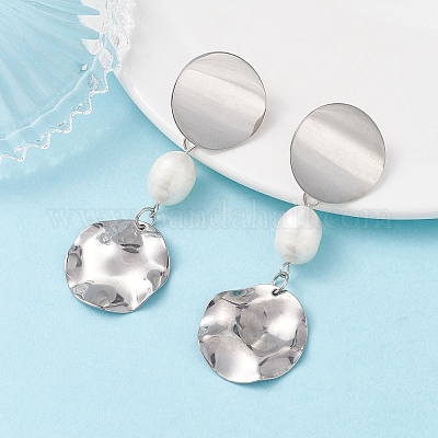 Плоские круглые серьги-гвоздики с натуральным культивированным пресноводным жемчугом EJEW-JE06754-1