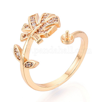 Закрепка колец для чашек в форме тропического листа из латуни с микропаве из прозрачного кубического циркония KK-T076-12G-1