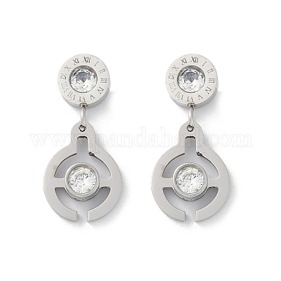 Плоские круглые серьги-гвоздики из нержавеющей стали 304 с микропаве из прозрачных кубических цирконий EJEW-Z089-28P-1
