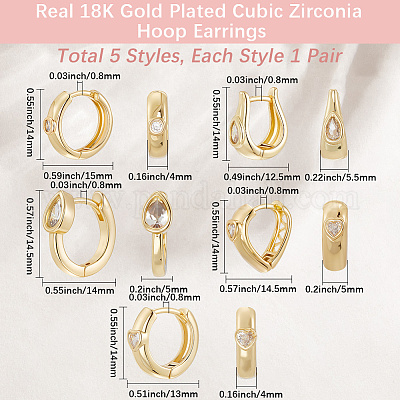 5 пара серег-колец в 5 стилях с латунным микропаве из прозрачного кубического циркония EJEW-BBC0002-02-1