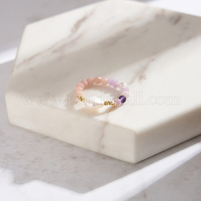 Кольца с бусинами из натурального розового опала и сиреневого нефрита RJEW-G331-01G-1
