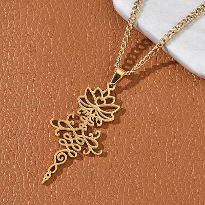 Ожерелья из полой нержавеющей стали 304 с подвеской в виде цветка лотоса в форме ом для йоги NJEW-Z073-02G-06-1