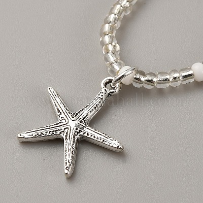 Сплав подвеска морская звезда стеклянные бусины кольцо для большого пальца ноги эластичные браслеты для женщин&nbsp;AJEW-WH0270-832-1