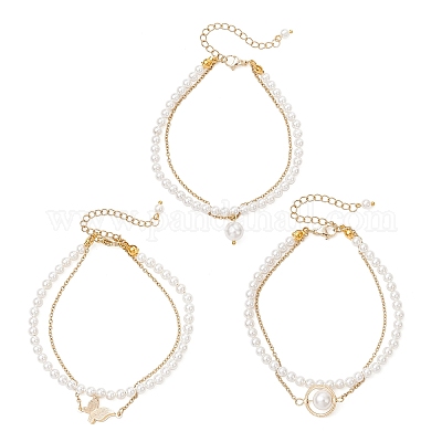 3шт. многорядные браслеты из круглых бусин из ракушек и жемчуга для женщин BJEW-JB12035-1