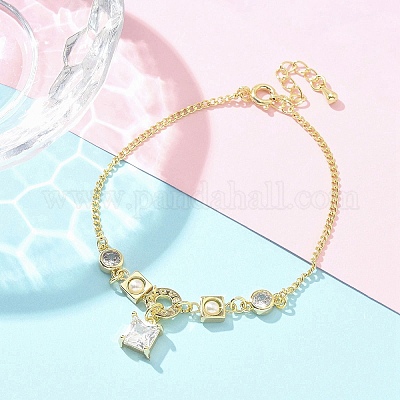 Браслеты с подвесками из латуни с микропаве из прозрачных кубических цирконий для женщин BJEW-C083-01B-G-1