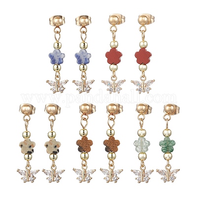 Серьги-гвоздики с подвесками из латуни с микропаве из кубических цирконий и бабочкой с цветком EJEW-JE06427-1