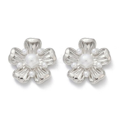 Серьги-гвоздики из искусственного жемчуга с цветком из латуни и АБС-пластика EJEW-M082-08P-1