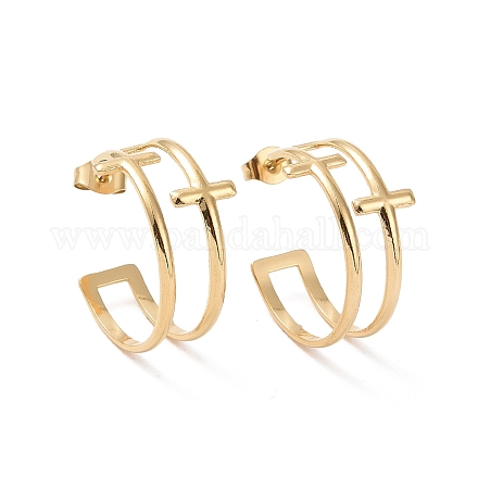 Серьги-гвоздики с двойным крестом из нержавеющей стали 304 с ионным покрытием (IP) EJEW-G326-05G-1