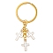 Alloy Enamel Cross Keychains, with Iron Rings, Light Gold, White, 69mm