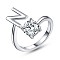 Anti-Tarnish Rhodium Plated 925 Sterling Silver Initial Letter Open Cuff Ring, Clear Cubic Zirconia Ring for Women, Platinum, Letter.N, US Size 6 1/2(16.9mm)